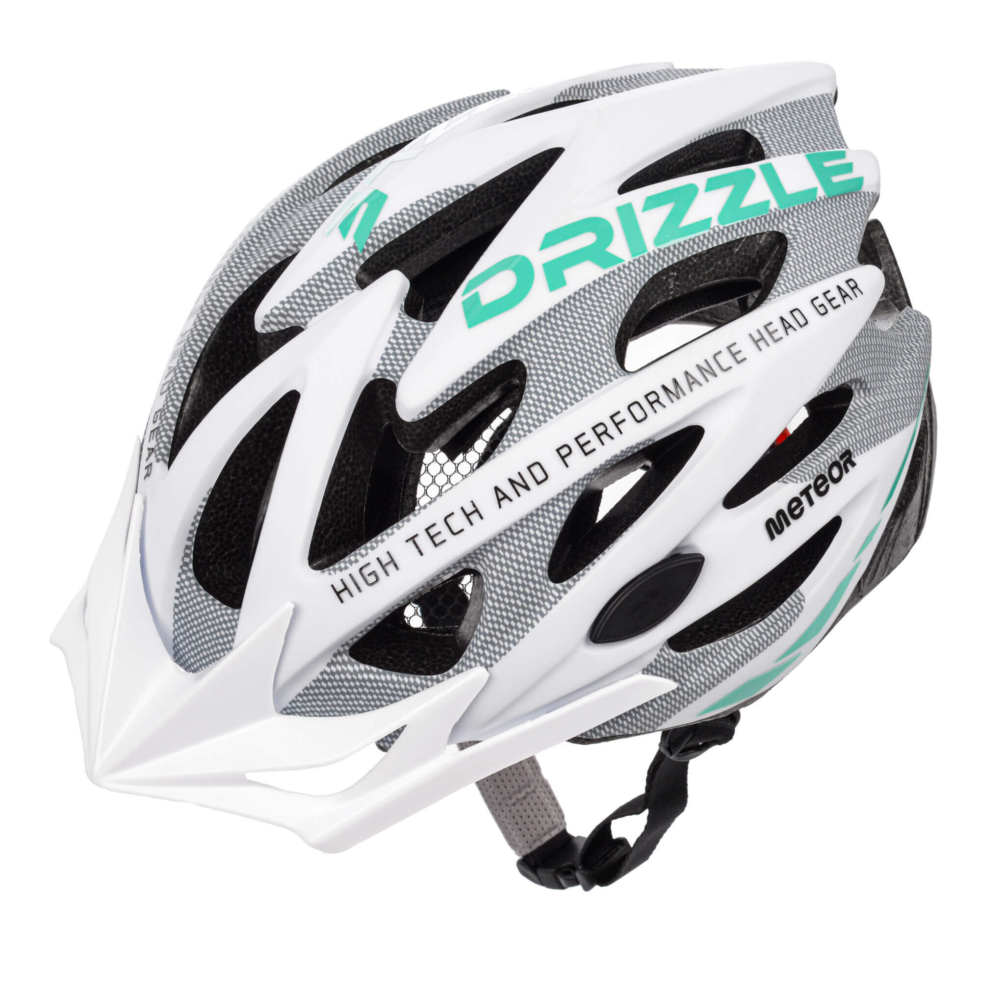 Kask rowerowy w kolorze białym z szarymi elementami i zielonym napisem \'DRIZZLE\'. Widoczne są otwory wentylacyjne oraz napisy \'HIGH TECH AND PERFORMANCE HEAD GEAR\' i \'METEOR\'.