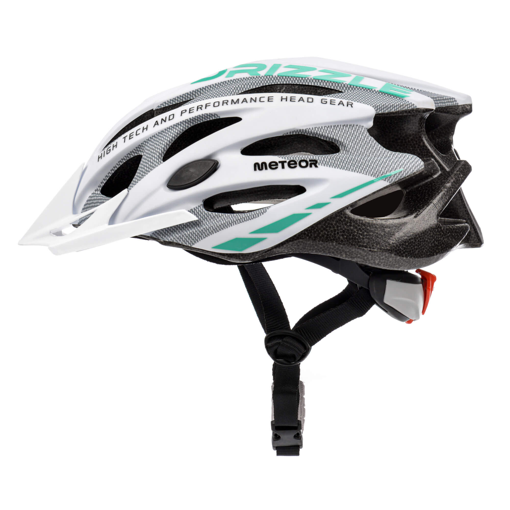 Kask rowerowy w kolorze białym z zielonymi akcentami i czarnymi elementami, posiada otwory wentylacyjne. Na kasku widoczny jest napis \'HIGH TECH AND PERFORMANCE HEAD GEAR\' oraz logo \'METEOR\'.
