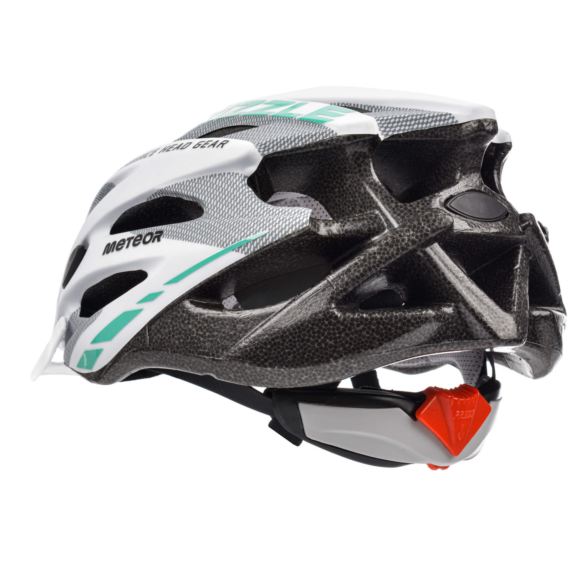 Kask rowerowy w kolorze czarno-białym z zielonymi akcentami, posiada otwory wentylacyjne i regulowane zapięcie. Widoczne napisy to \'METEOR\' i \'HEAD GEAR\'.