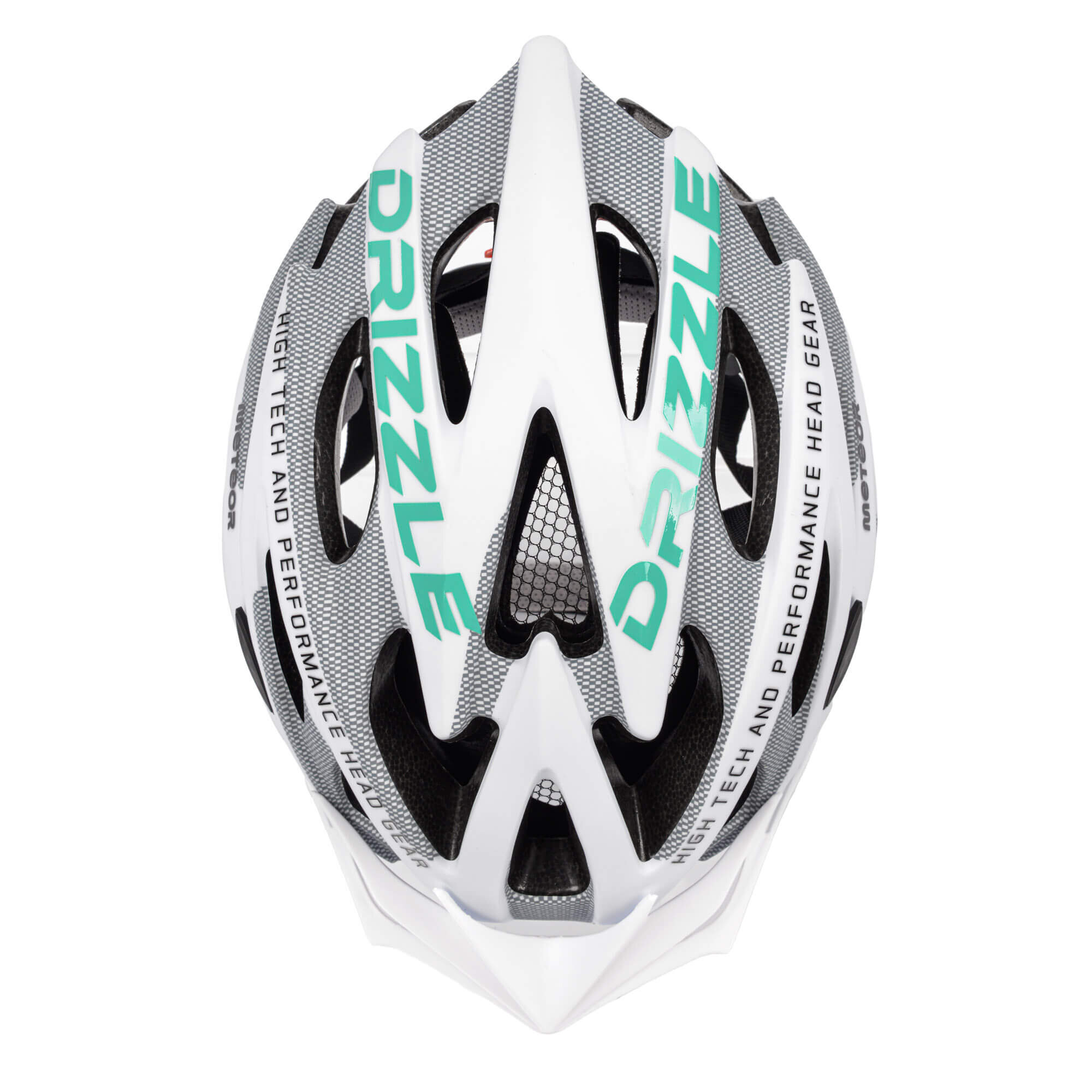 Kask rowerowy w kolorze białym z zielonym napisem \'DRIZZLE\' i czarnymi otworami wentylacyjnymi. Na kasku widoczny jest również tekst \'LIGHT TECH AND PERFORMANCE HEAD GEAR\'.