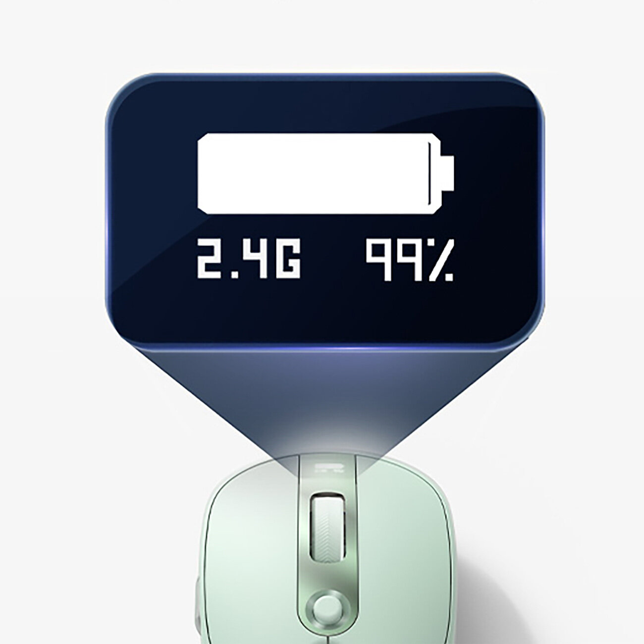 Obraz przedstawia myszkę bezprzewodową z wyświetlaczem OLED pokazującym ikonę baterii oraz tekst \'2.4G 99%\'.