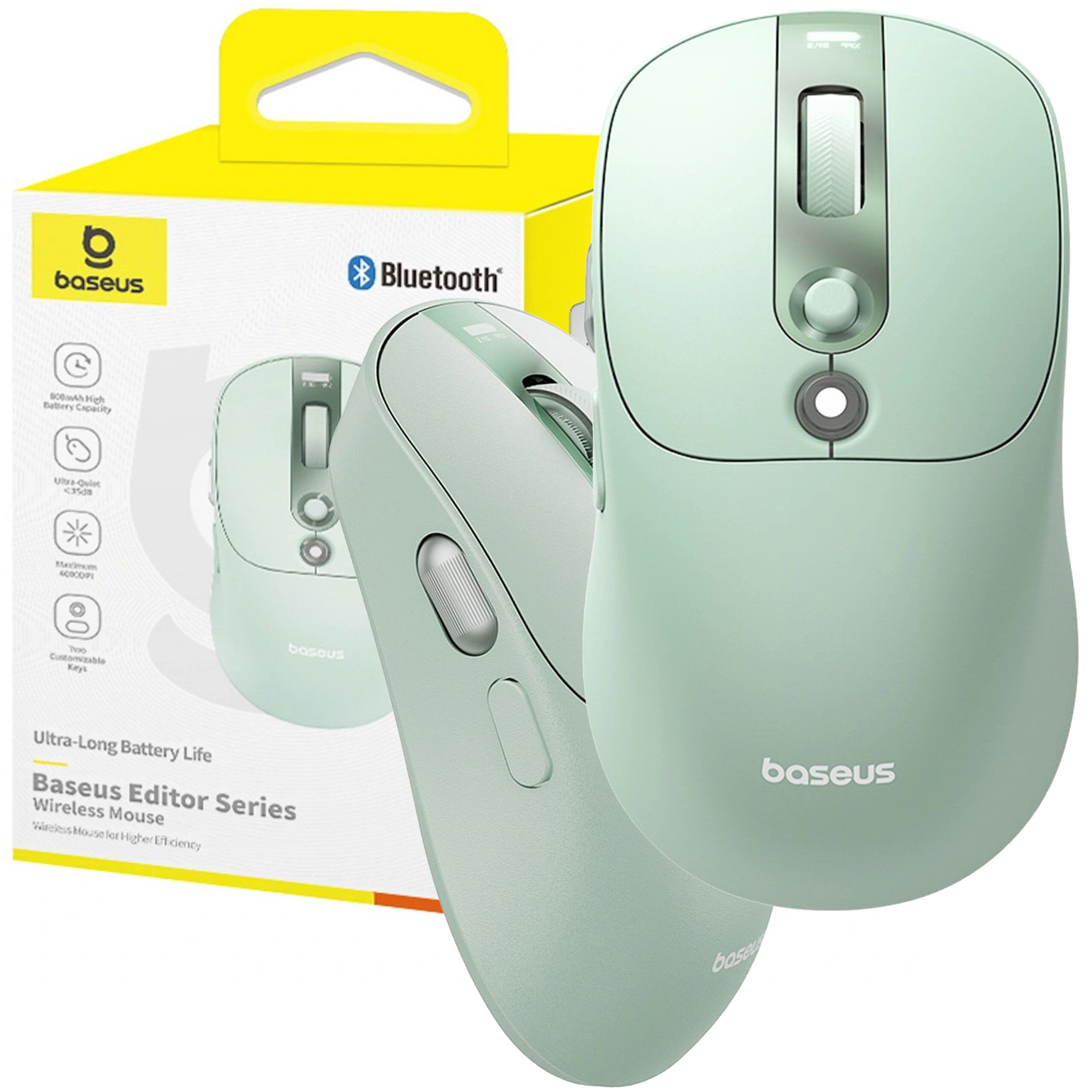 Na obrazie widoczna jest bezprzewodowa myszka w kolorze miętowym z logo \'baseus\' oraz opakowanie z napisem \'Baseus Editor Series Wireless Mouse\'.