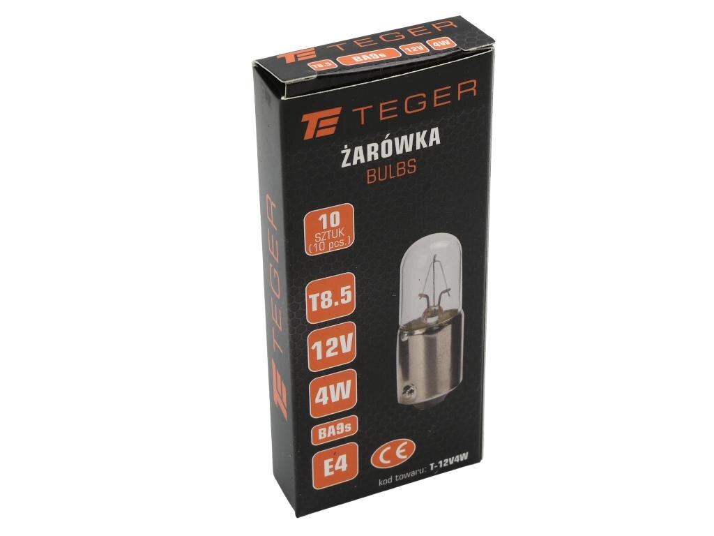Opakowanie żarówek marki TEGER z napisem \'ŻARÓWKA BULBS\', zawierające informacje: 10 sztuk (10 pcs), T8.5, 12V, 4W, BA9s, E4 oraz oznaczenie CE.
