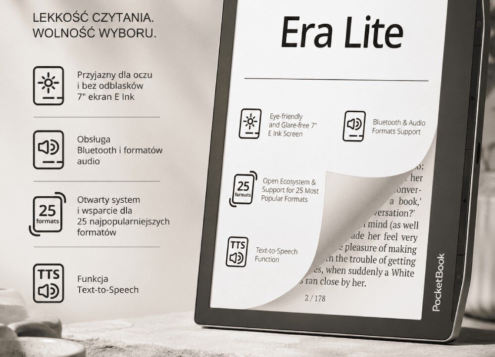 Czytnik e-booków POCKETBOOK Era Lite Czytnik e-booków z grafiką przedstawiającą parametry urządzenia, po lewej stronie widoczne są polskie opisy funkcji i ikony, przeznaczenie, zalety, ekran, bateria