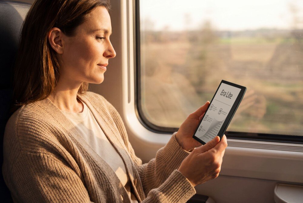 Czytnik e-booków POCKETBOOK Era Lite Kobieta siedzi w pociągu przy oknie i trzyma w dłoniach czytnik e-booków, w tle za oknem widać rozmyty krajobraz, aplikacje, pliki, łączność bezprzewodowa