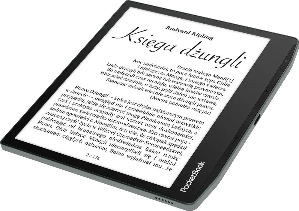 Czytnik e-booków POCKETBOOK Era Lite Czytnik e-booków leżący płasko na białym tle, na ekranie wyświetlany jest polski tekst utworu 'Księga dżungli' Rudyarda Kiplinga, funkcje, formaty audio, Bluetooth