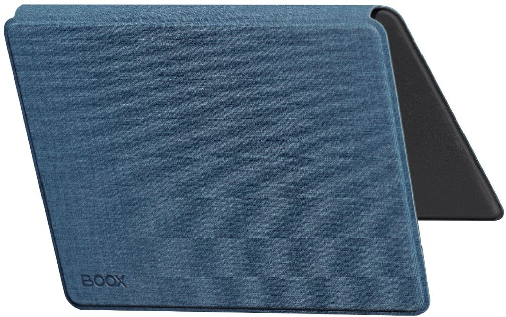 Etui na Boox Go 6 (Gen II) ONYX Etui do czytnika ustawione w pozycji stojącej w kształcie odwróconej litery 'V', prezentujące tylną okładkę i fragment czarnego wnętrza, magnesy, funkcje, wybudzanie