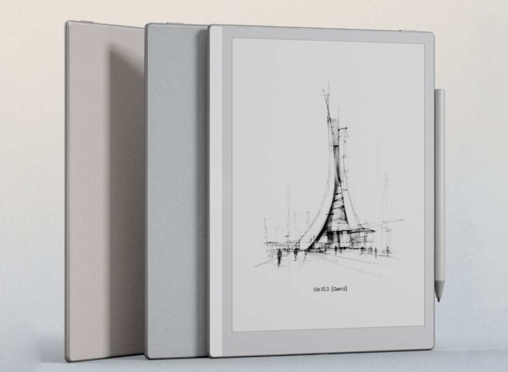 Czytnik e-booków ONYX Boox Go Trzy płaskie urządzenia ustawione jedno za drugim, z których pierwsze wyświetla czarno-biały szkic wieży i napis 'Go 10.3 (Gen II)', a obok stoi rysik, zalety, system, funkcje