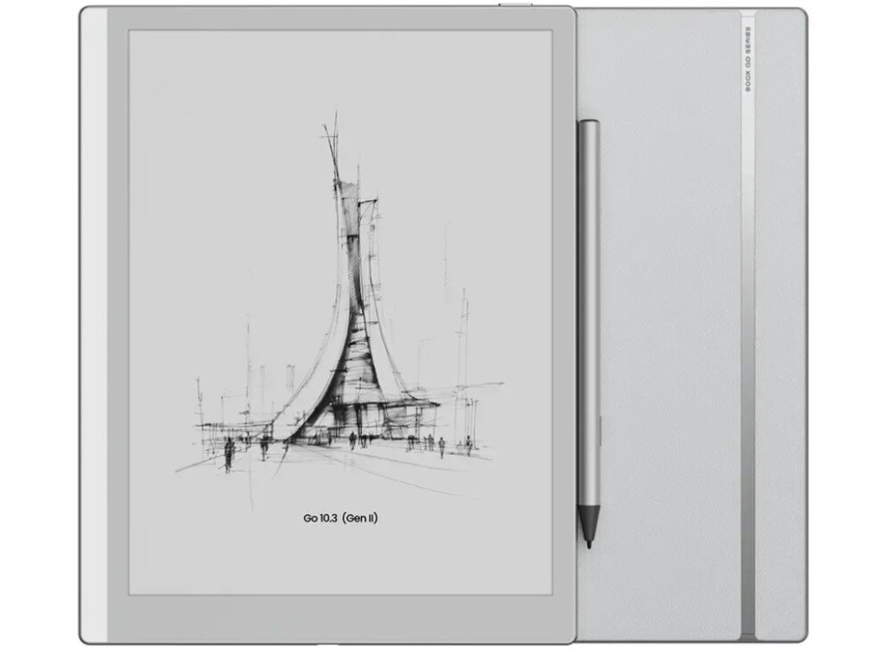 Czytnik e-booków ONYX Boox Go Urządzenie z włączonym ekranem pokazującym szkic architektoniczny leży na etui z pionowym paskiem i napisem 'BOOX GO SERIES', obok znajduje się rysik, obudowa, kolor, wielkość, waga