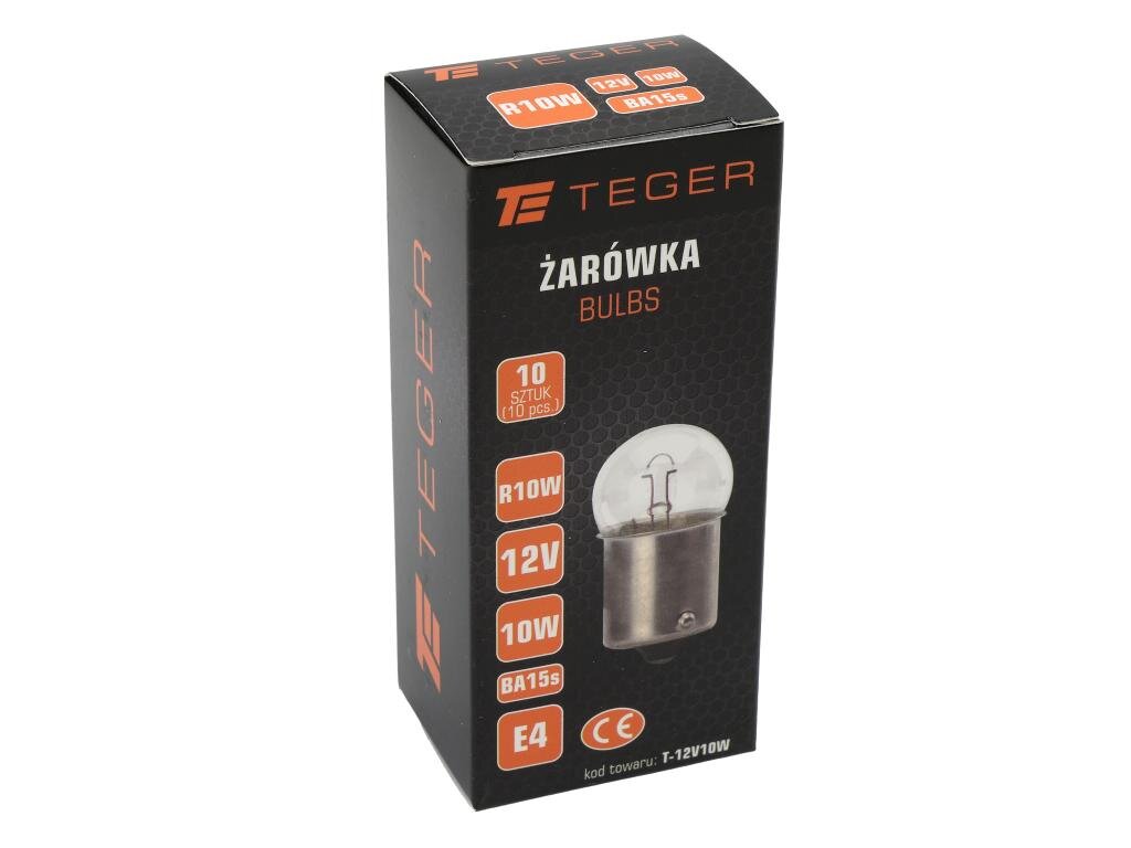 Opakowanie żarówki marki TEGER z napisem \'ŻARÓWKA BULBS\'. Widoczne specyfikacje: R10W, 12V, 10W, BA15s, oraz oznaczenia E4 i CE.