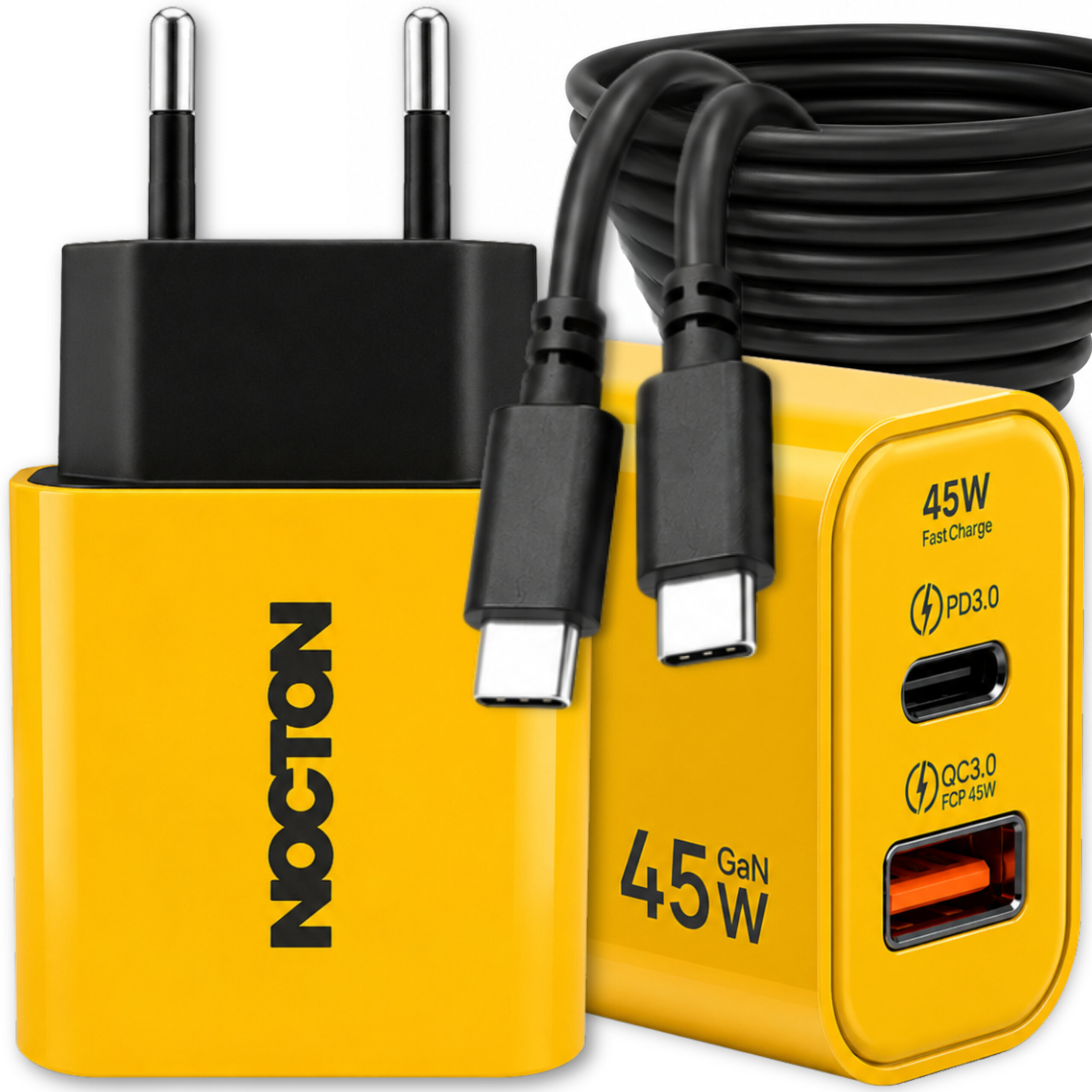 Na obrazie widoczna jest żółta ładowarka sieciowa z logo \'NOCTON\' oraz dwa porty USB oznaczone jako PD3.0 i QC3.0 FCP 45W. Obok znajduje się czarny kabel USB-C o długości 100 cm.