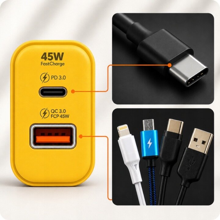 Żółta ładowarka sieciowa z dwoma portami: USB-C oznaczonym jako PD 3.0 i USB-A oznaczonym jako QC 3.0 FCP 45W. Obok widoczne są różne kable z końcówkami USB-C, Lightning, micro USB i USB-A.