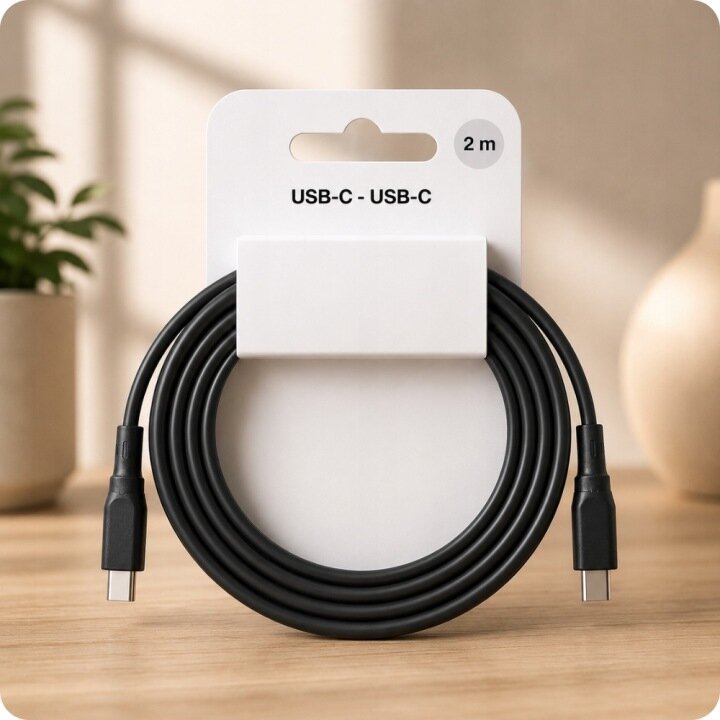 Czarny kabel USB-C o długości 2 m jest zapakowany na białej tekturce z napisem \'USB-C - USB-C\'.