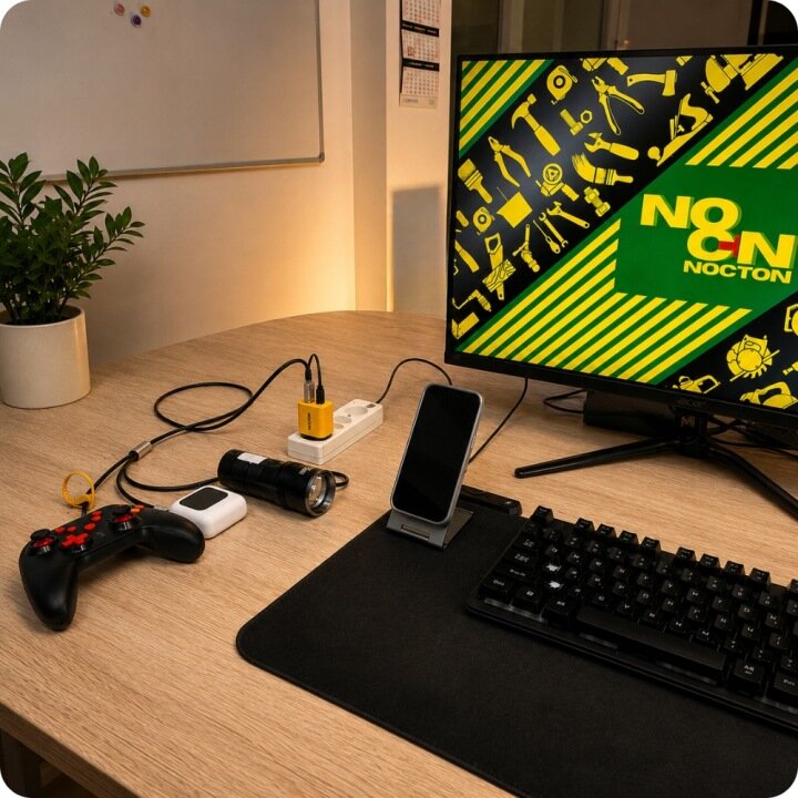Na biurku znajduje się monitor z wyświetlonym logo \'NOCTON\', klawiatura, mysz, kontroler do gier, telefon na stojaku oraz latarka. Obok monitora stoi roślina w doniczce, a na ścianie wisi tablica i kalendarz.