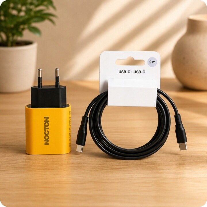 Na drewnianym blacie znajduje się żółta ładowarka sieciowa z logo NOCTON oraz czarny kabel USB-C o długości 2 m z etykietą \'USB-C - USB-C\'. W tle widoczne są rozmyte elementy dekoracyjne, takie jak roślina i wazon.