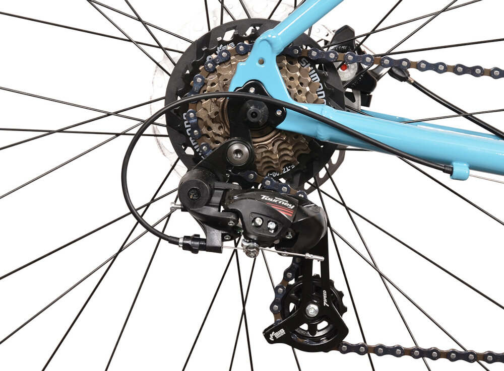 Zbliżenie na tylną przerzutkę roweru z niebieską ramą i czarnym mechanizmem Shimano Tourney. Widoczny jest również łańcuch oraz zębatki kasety.