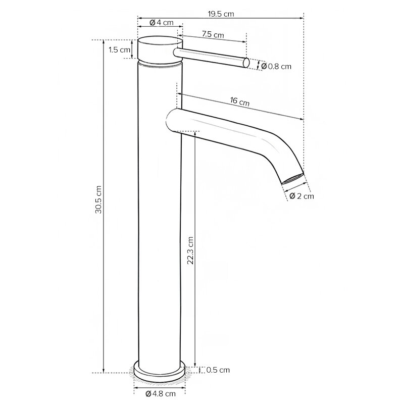 Schemat techniczny baterii umywalkowej z wymiarami: wysokość 30,5 cm, średnica podstawy 4,8 cm, długość wylewki 16 cm. Widoczne są także inne szczegółowe wymiary elementów baterii.