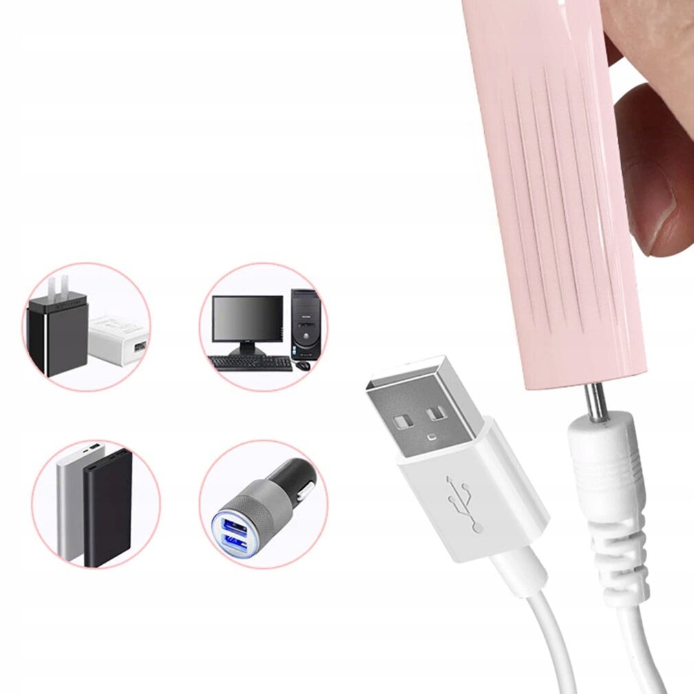 Na obrazie widoczna jest przenośna frezarka do paznokci w kolorze różowym z kablem USB. Obok znajdują się ikony przedstawiające różne urządzenia z portami USB, takie jak komputer, ładowarka sieciowa i samochodowa.