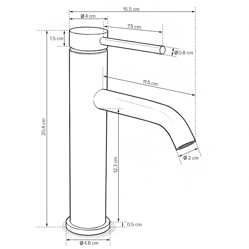 Schemat techniczny baterii umywalkowej z wymiarami: wysokość 20,4 cm, średnica podstawy 4,8 cm, długość wylewki 11,5 cm, średnica wylewki 2 cm, długość uchwytu 7,5 cm, średnica uchwytu 0,8 cm.