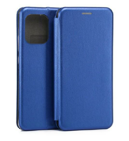 Niebieskie etui na telefon z klapką, z wycięciem na aparat fotograficzny. Powierzchnia etui jest gładka i jednolita.