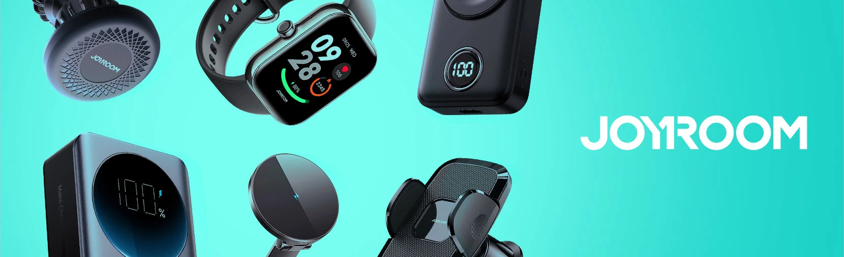 Na turkusowym tle widoczne są różne akcesoria elektroniczne, w tym smartwatch z wyświetlaczem, ładowarka i uchwyt samochodowy. Logo \'JOYROOM\' znajduje się po prawej stronie obrazu.