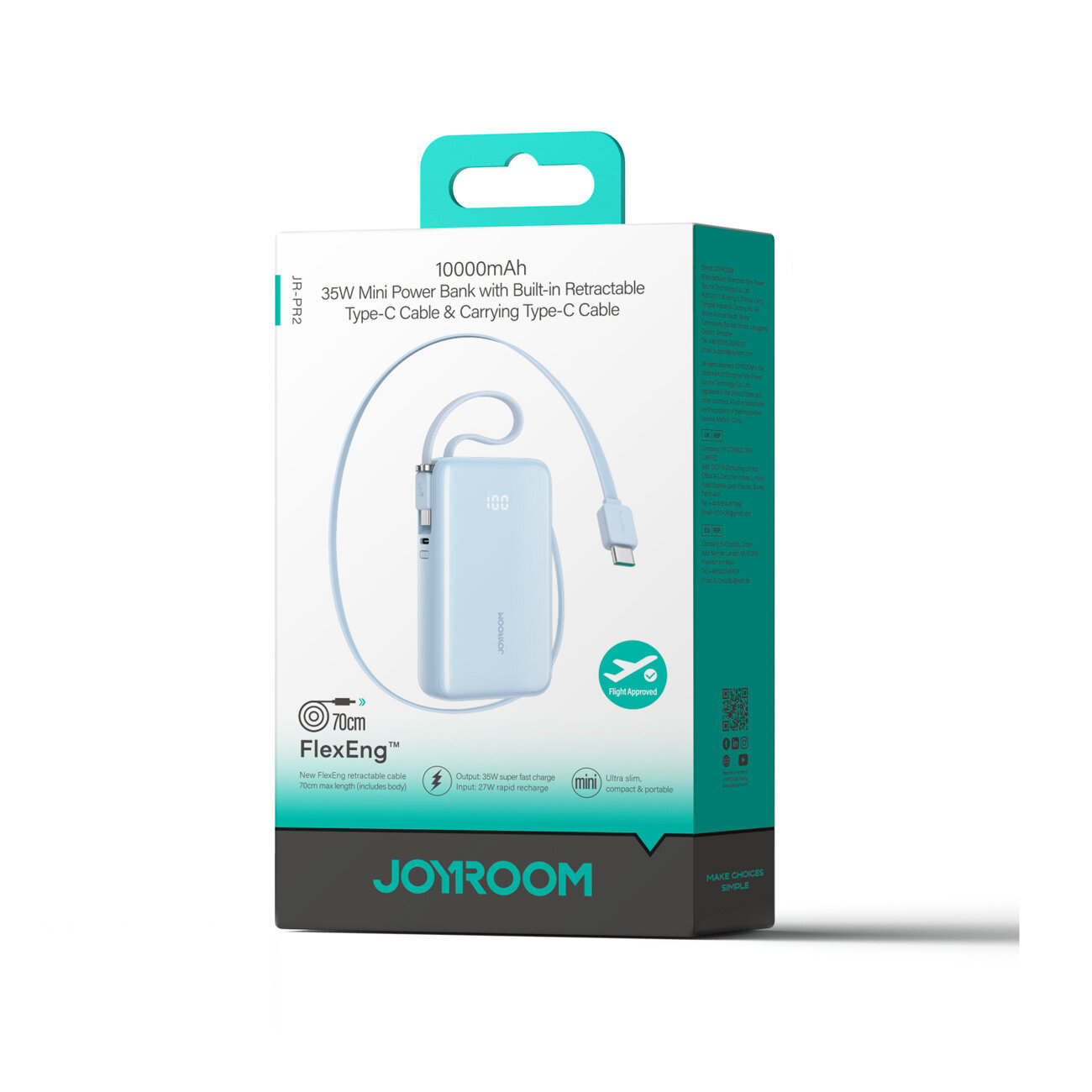 Opakowanie powerbanku o pojemności 10000mAh z wbudowanym kablem USB-C, oznaczone logo \'JOYROOM\'. Na opakowaniu widoczny jest obraz produktu oraz informacje o specyfikacji technicznej, takie jak \'35W Mini Power Bank with Built-in Retractable Type-C Cable & Carrying Type-C Cable\'.