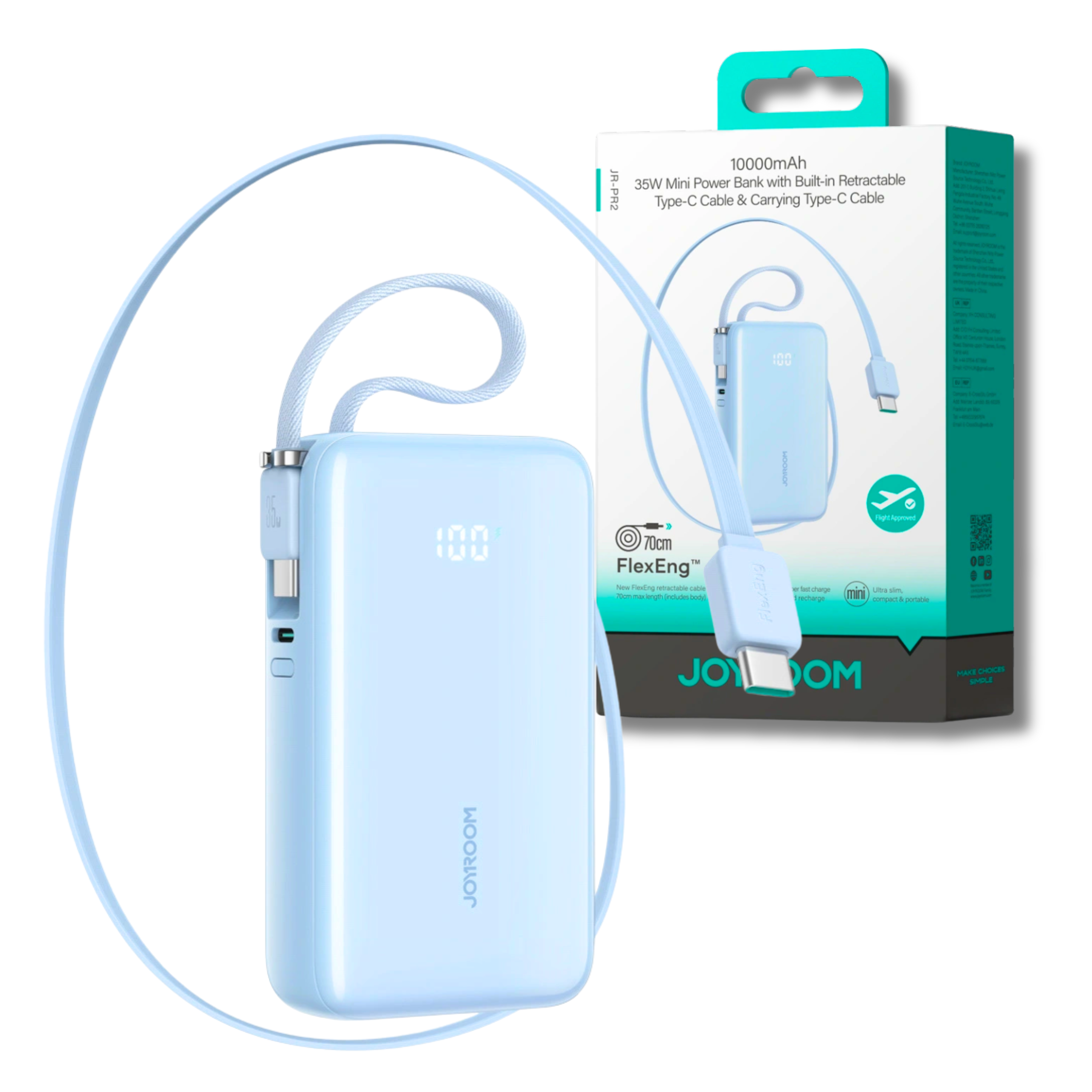 Na obrazie widoczny jest niebieski powerbank z wyświetlaczem LED pokazującym \'100\' oraz wbudowanymi kablami USB-C. W tle znajduje się opakowanie z napisem \'10000mAh 35W Mini Power Bank with Built-in Retractable Type-C Cable & Carrying Type-C Cable\'.