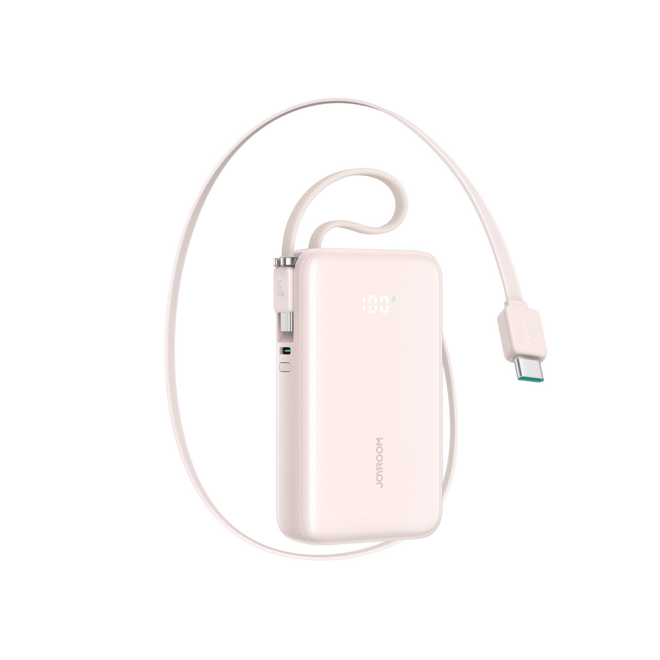 Różowy powerbank z wyświetlaczem pokazującym \'100%\' i wbudowanym kablem USB-C. Na obudowie widoczne jest logo \'JOYROOM\'.