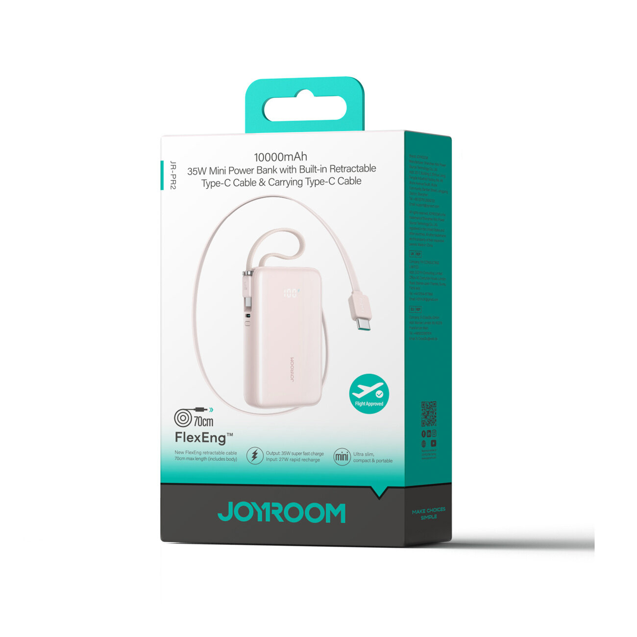 Opakowanie powerbanku o pojemności 10000mAh z wbudowanym kablem USB-C, oznaczone logo \'JOYROOM\'. Na opakowaniu widoczny jest również symbol samolotu z napisem \'Flight Approved\'.