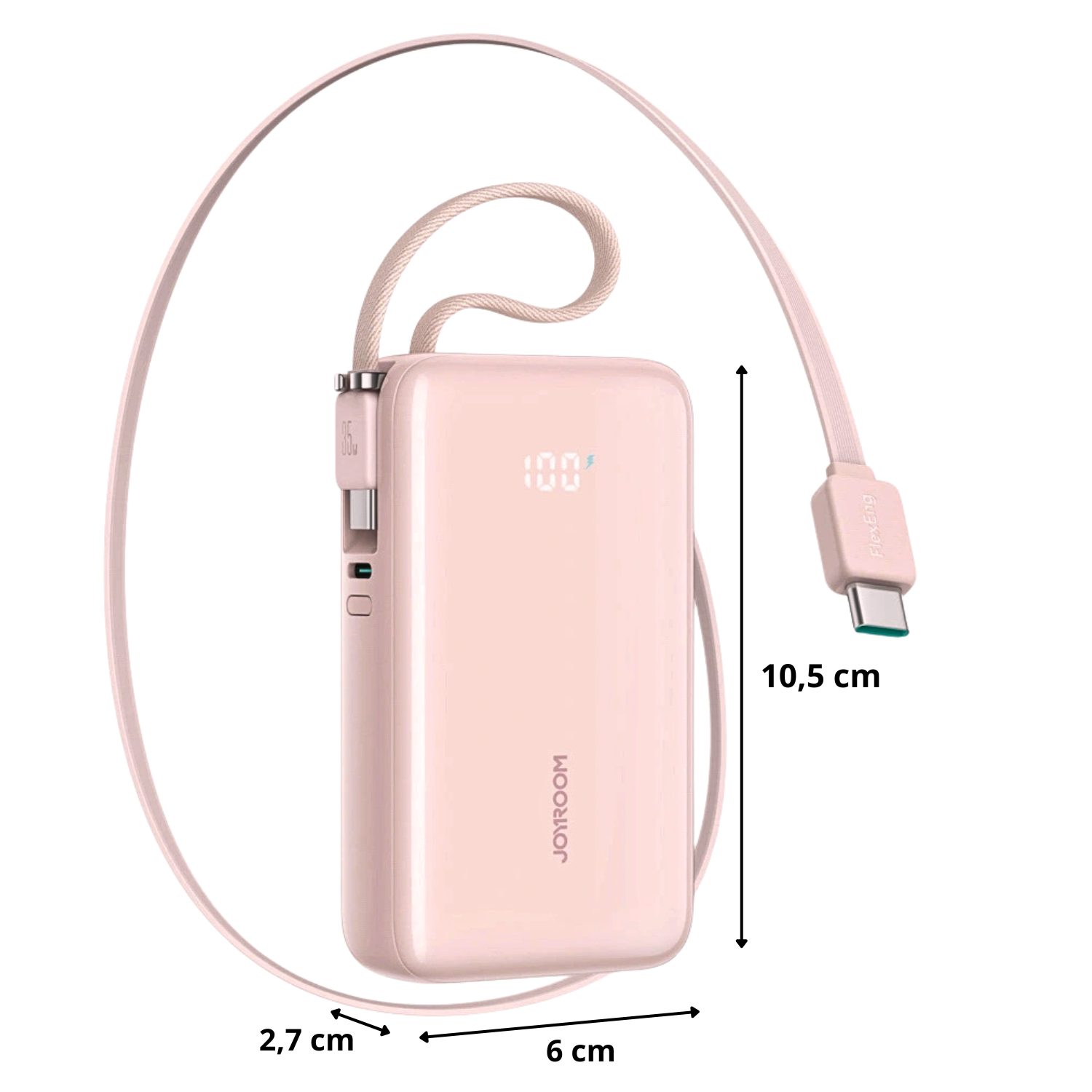 Różowy powerbank z wyświetlaczem LED pokazującym \'100%\' oraz wbudowanym kablem USB-C. Na obudowie widoczne jest logo \'JOYROOM\'.