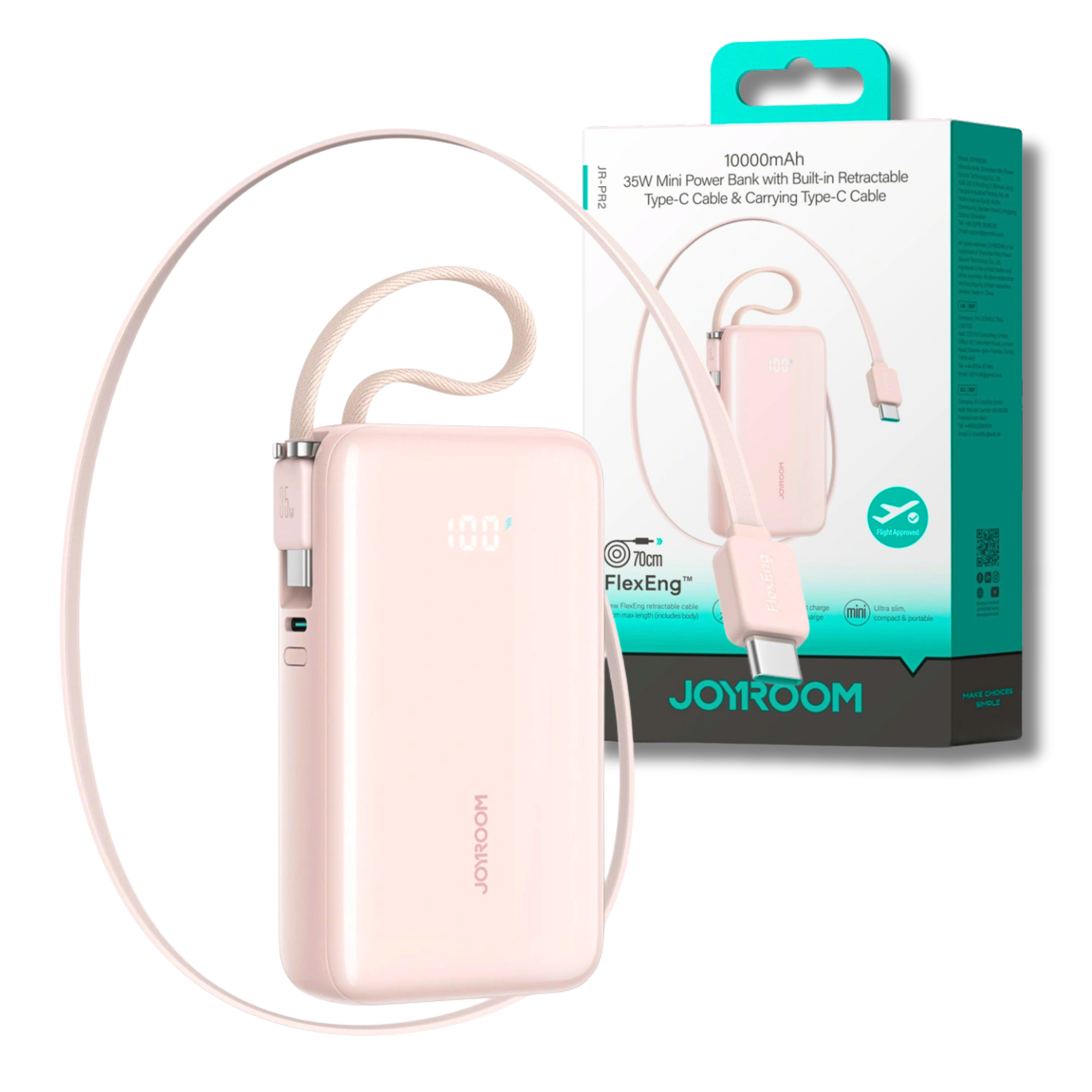 Różowy powerbank z wyświetlaczem LED pokazującym \'100\' oraz wbudowanymi kablami USB-C. W tle widoczne jest opakowanie z napisem \'JOYROOM\'.