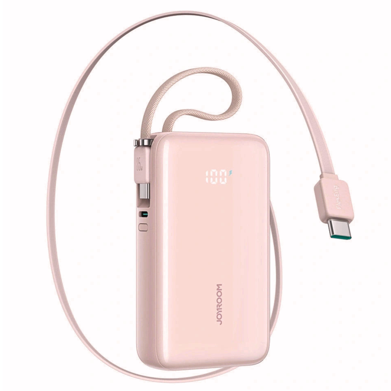 Różowy powerbank z wyświetlaczem pokazującym \'100\' i wbudowanym kablem USB-C. Na obudowie widoczne jest logo \'joyroom\'.