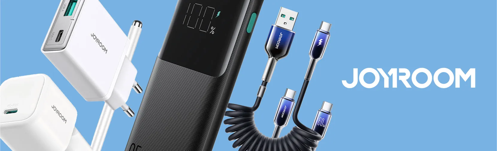 Na niebieskim tle widoczne są różne akcesoria elektroniczne marki JOYROOM, w tym ładowarki i kable USB. Na jednym z urządzeń wyświetla się napis \'100%\'.