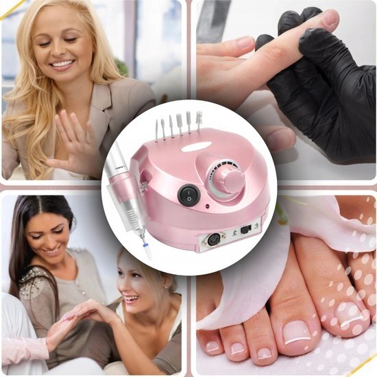 Obraz przedstawia różowe urządzenie do manicure z kilkoma końcówkami, otoczone zdjęciami osób korzystających z usług manicure i pedicure. W tle widoczne są dłonie i stopy podczas zabiegów pielęgnacyjnych.