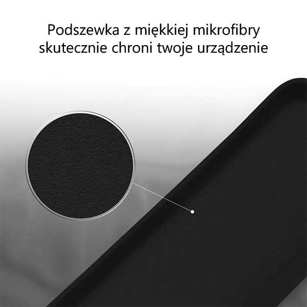 Obraz przedstawia zbliżenie na czarną powierzchnię z teksturą, z podpisem: \'Podszywka z miękkiej mikrofibry skutecznie chroni twoje urządzenie\'.
