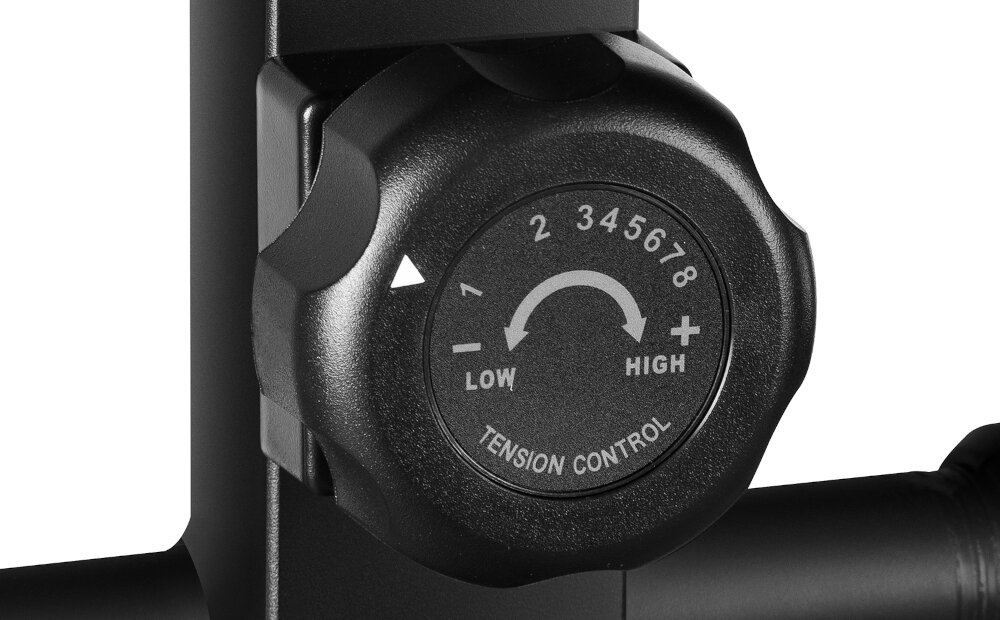 Czarny pokrętło z oznaczeniami od 1 do 8 oraz napisami \'LOW\', \'HIGH\', \'TENSION CONTROL\'.