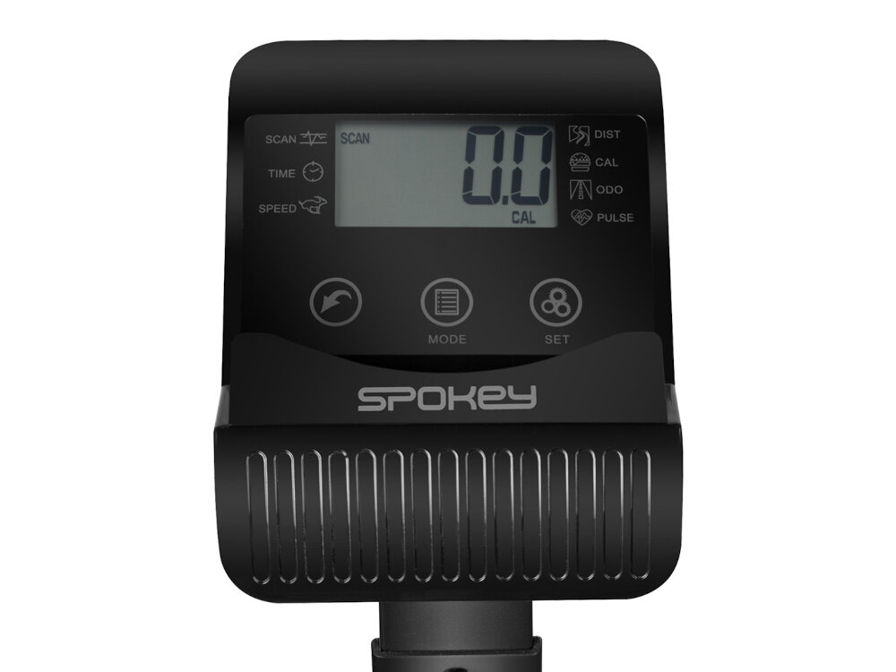 Wyświetlacz urządzenia z widocznymi przyciskami \'MODE\' i \'SET\', oraz logo \'SPOKEY\'. Na ekranie widoczny jest napis \'SCAN\' i wartość \'0.0 CAL\'.