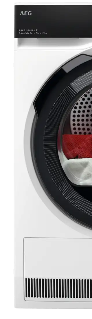 Widoczna jest część suszarki z logo AEG oraz tekstem \'9000 SERIES T AbsoluteCare Plus 1-9kg\'. W bębnie znajdują się czerwony i biały materiał.