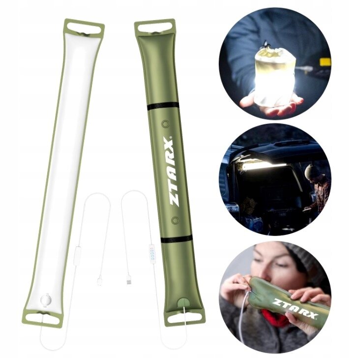 Obraz przedstawia nadmuchiwaną lampę kempingową LED USB w kolorze zielonym z napisem \'ZTARX\'. Obok lampy znajdują się trzy okrągłe zdjęcia pokazujące jej zastosowanie: jako źródło światła trzymane w dłoniach, oświetlenie w bagażniku samochodu oraz osoba dmuchająca w lampę.