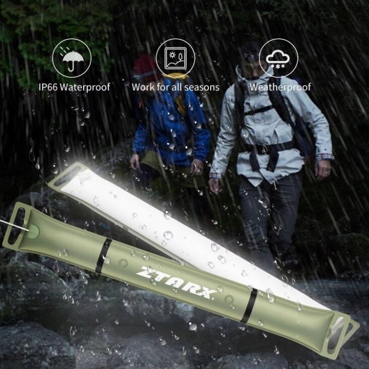 Obraz przedstawia dwie osoby w deszczu z nadmuchiwaną lampą kempingową LED USB, na której widnieje napis \'ZTARX\'. Widoczne są ikony z napisami: \'IP66 Waterproof\', \'Work for all seasons\', \'Weatherproof\'.