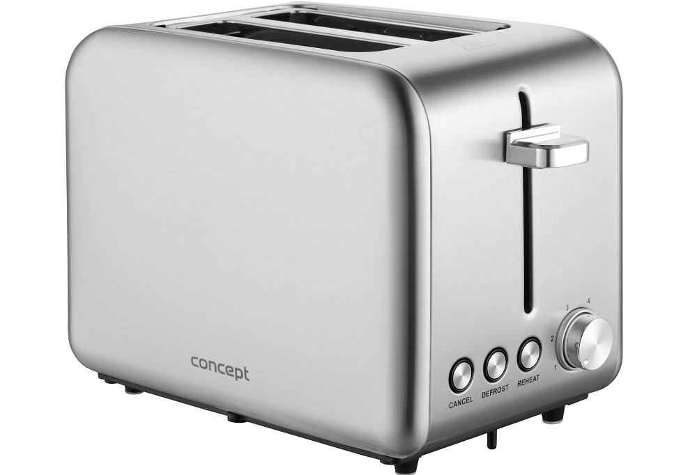 Srebrny toster z dwoma szczelinami na pieczywo, posiada trzy przyciski oznaczone jako CANCEL, DEFROST, REHEAT oraz pokrętło z numeracją od 1 do 4. Na obudowie widoczne jest logo \'concept\'.