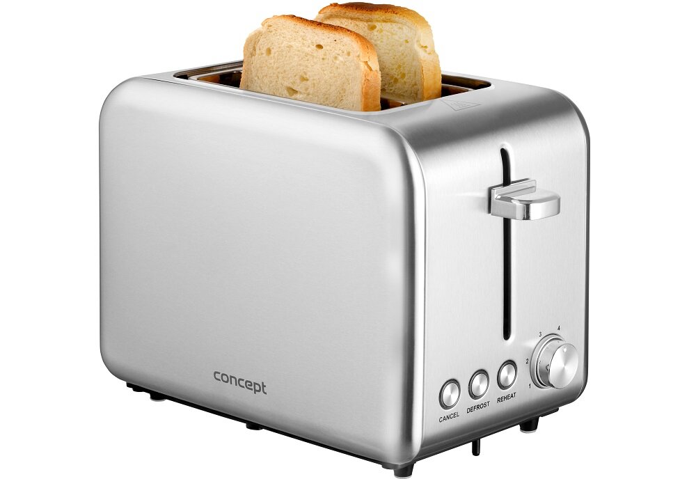 Srebrny toster z dwoma kromkami chleba, posiada pokrętło i trzy przyciski oznaczone jako CANCEL, DEFROST, REHEAT. Na obudowie widoczne jest logo \'concept\'.