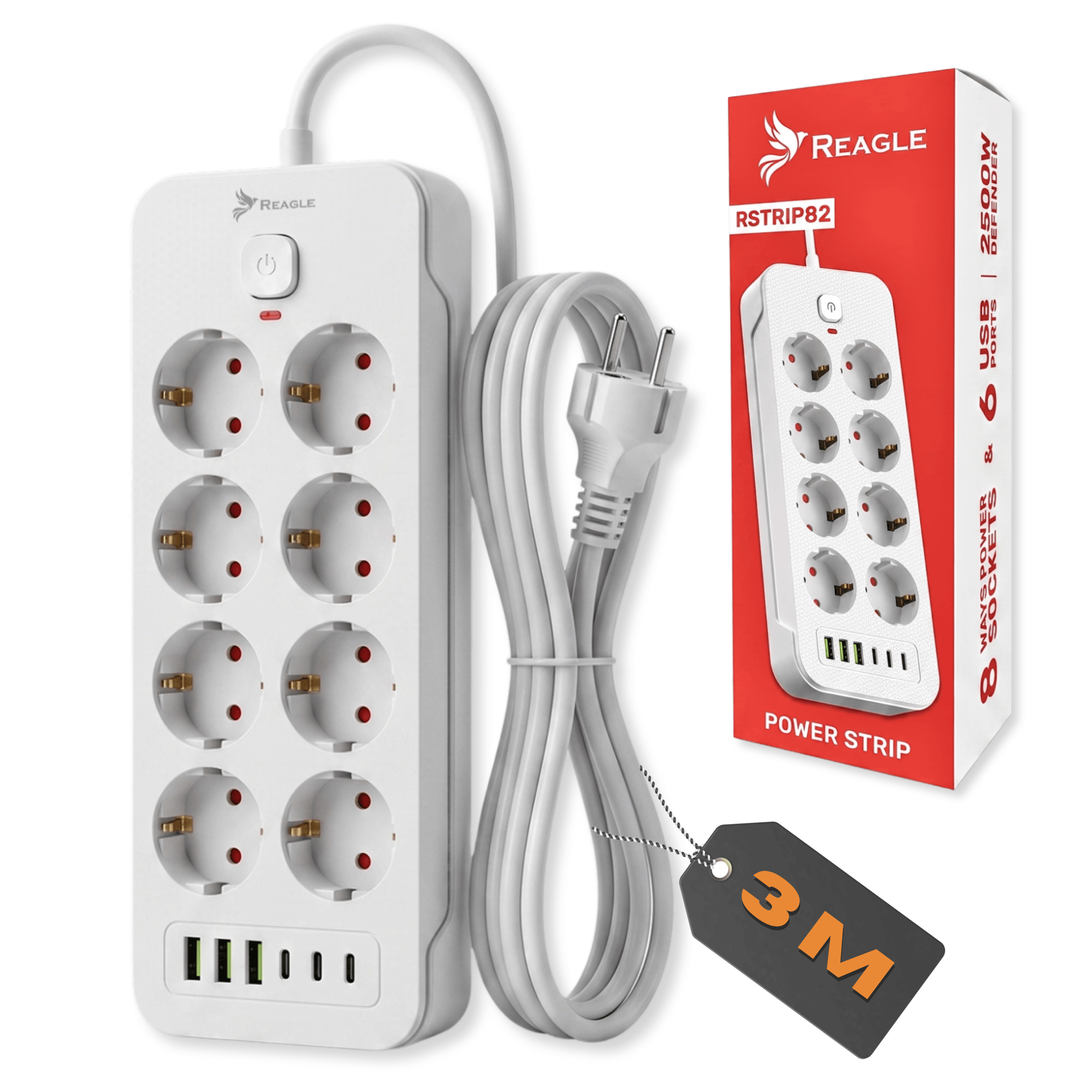 Biała listwa zasilająca z ośmioma gniazdami i sześcioma portami USB, obok której znajduje się czerwone opakowanie z logo REAGLE. Na opakowaniu widnieje napis \'8 POWER SOCKETS & 6 USB PORTS\', a przy kablu znajduje się etykieta z napisem \'3M\'.