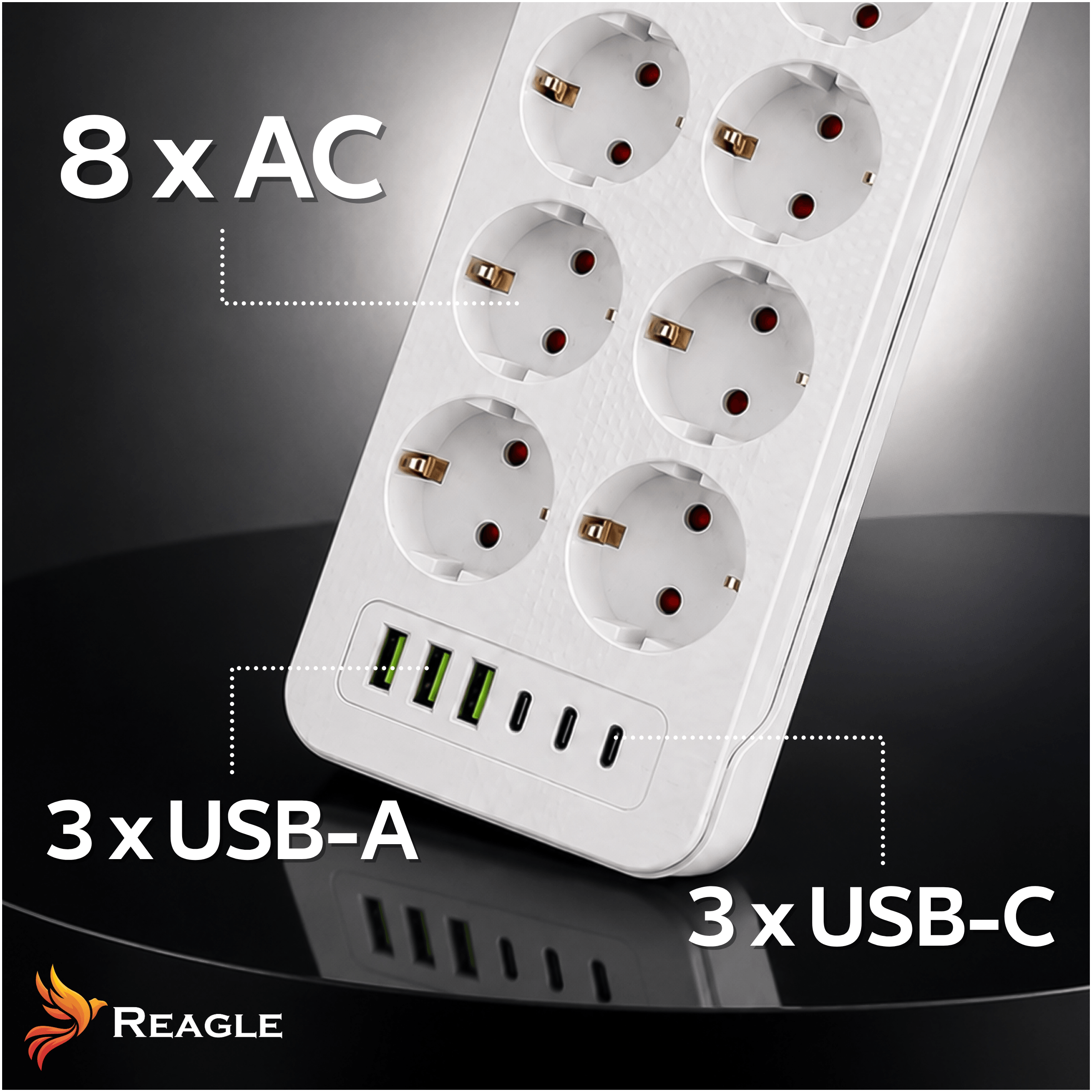 Biała listwa zasilająca z ośmioma gniazdami AC, trzema portami USB-A i trzema portami USB-C. Widoczne logo Reagle oraz napisy: \'8 x AC\', \'3 x USB-A\', \'3 x USB-C\'.