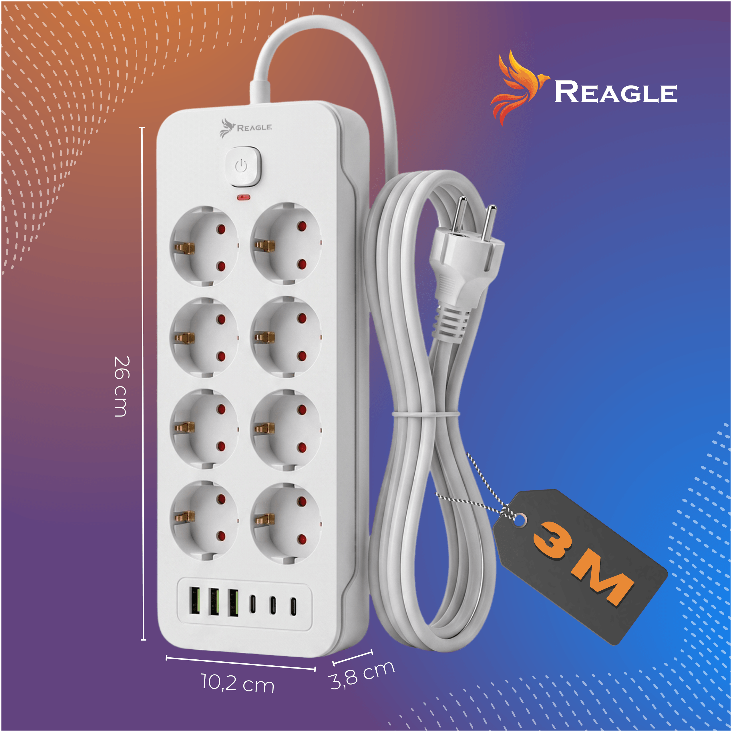 Biała listwa zasilająca z ośmioma gniazdami i sześcioma portami USB, z logo Reagle na górze. Obok znajduje się zwinięty kabel z wtyczką oraz etykieta z napisem \'3M\'.