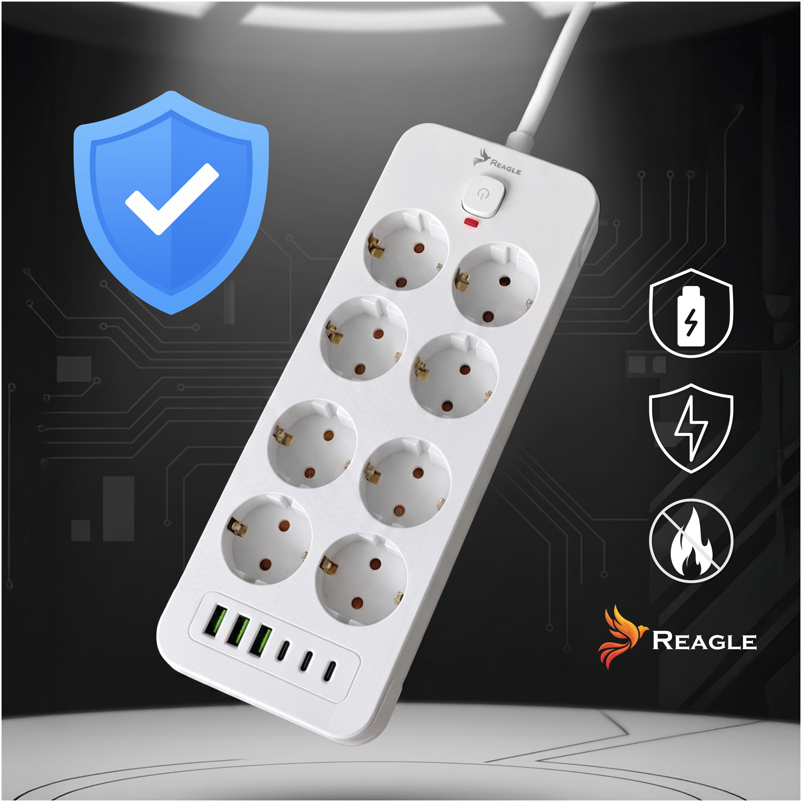 Biała listwa zasilająca z ośmioma gniazdami i sześcioma portami USB (trzy USB-A i trzy USB-C) na ciemnym tle z ikonami symbolizującymi ochronę. Widoczne logo \'REAGLE\' oraz niebieska tarcza z białym znakiem zaznaczenia.