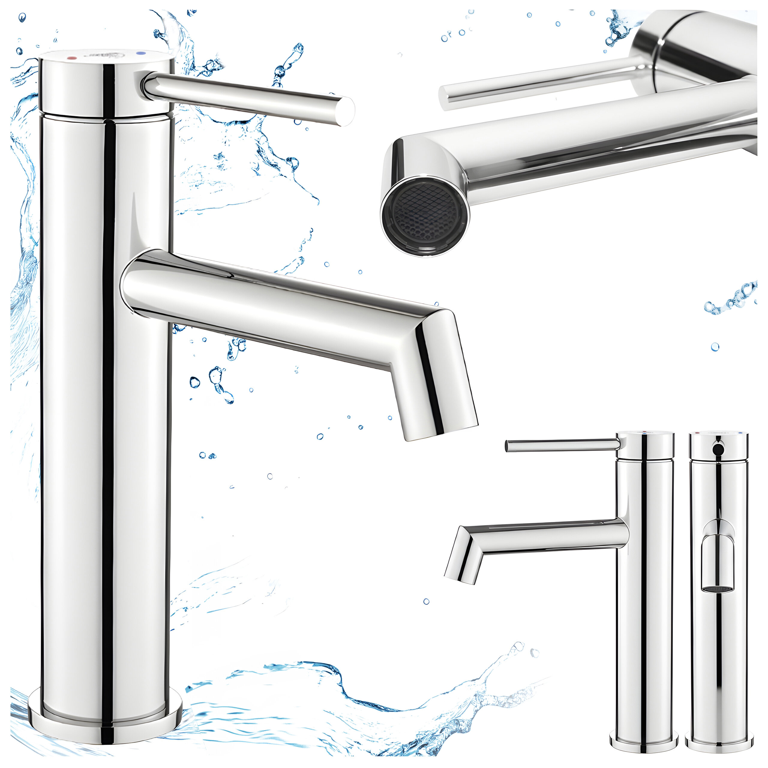 Obraz przedstawia chromowaną baterię umywalkową o nowoczesnym designie, z prostym uchwytem i cylindrycznym korpusem. W tle widoczne są rozpryski wody.