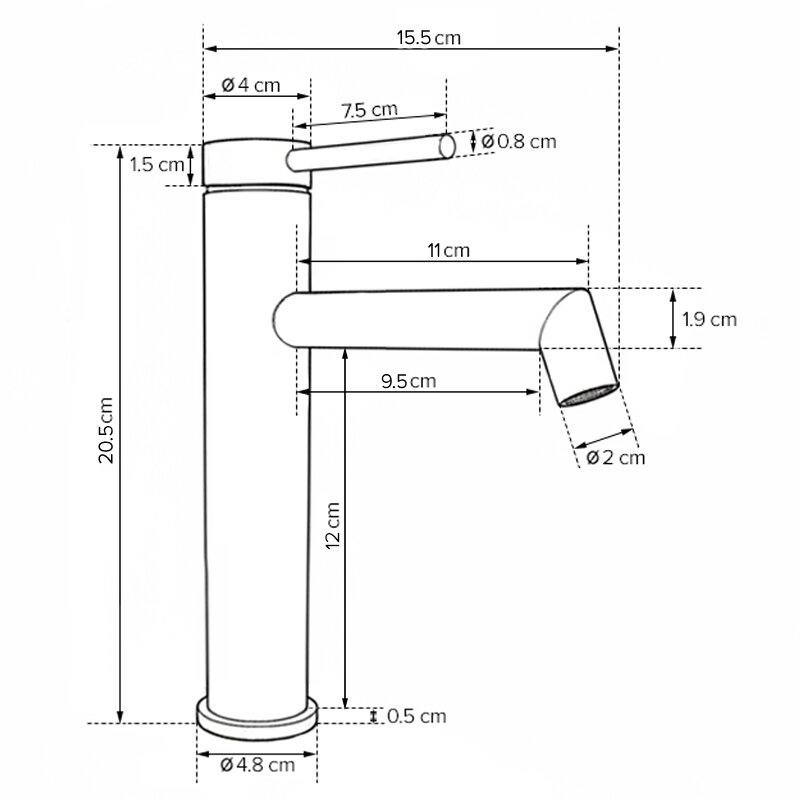 Schemat baterii umywalkowej z wymiarami: wysokość 20,5 cm, średnica podstawy 4,8 cm, długość wylewki 11 cm, średnica wylewki 2 cm, długość uchwytu 7,5 cm.