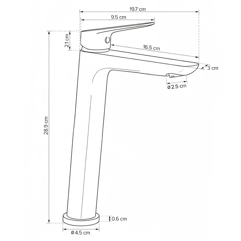 Schemat techniczny baterii umywalkowej z wymiarami: wysokość 28,9 cm, długość wylewki 16,5 cm, średnica podstawy 4,5 cm. Widoczne są dodatkowe wymiary poszczególnych elementów, takie jak długość uchwytu 9,5 cm i średnica wylewki 2,5 cm.