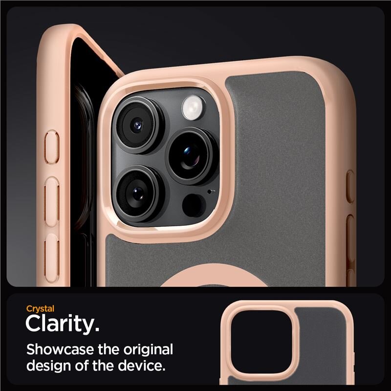 Obraz przedstawia telefon w etui o różowym odcieniu z widocznymi trzema obiektywami aparatu. Na dole znajduje się tekst: \'Crystal Clarity. Showcase the original design of the device.\'